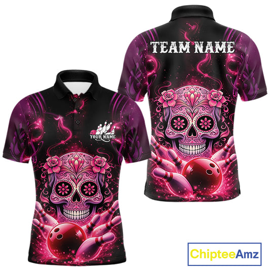 Front and back view of a black and pink men’s bowling polo shirt featuring a floral sugar skull above a bowling ball and bowling pins in Day of the Dead style.