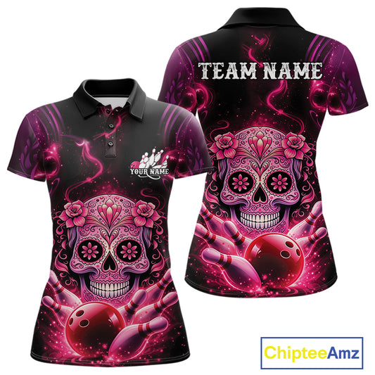 Front and back view of a black and pink women’s bowling polo shirt featuring a floral sugar skull above a bowling ball and pins in Day of the Dead style.