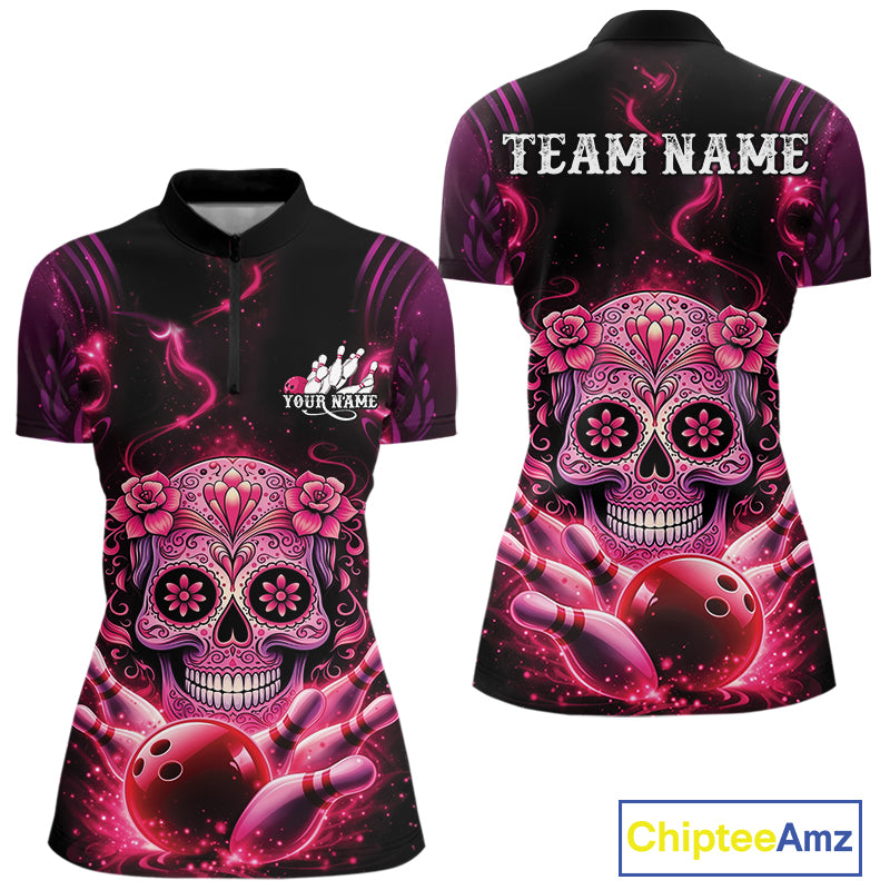 Front and back mockup of a black and pink women’s bowling quarter-zip shirt showcasing a floral sugar skull above a bowling ball and bowling pins.
