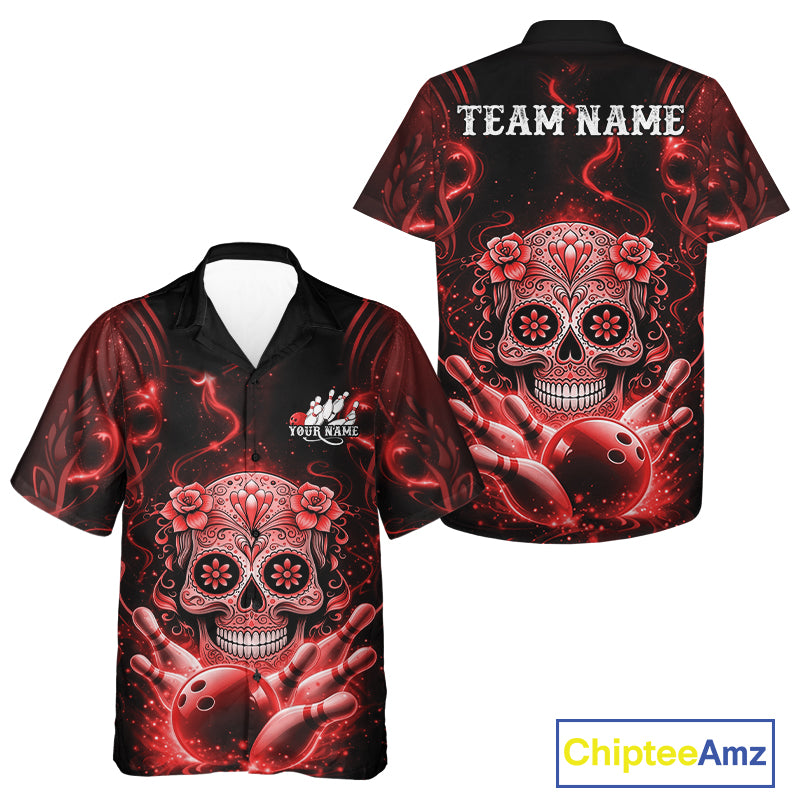 Front and back view of a black and red button-up bowling shirt featuring floral sugar skull above a bowling ball and pins artwork.