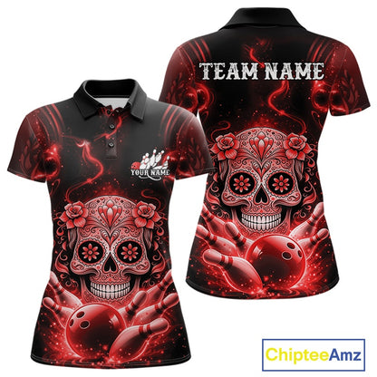 Front and back view of a black and red women’s bowling polo shirt featuring a floral sugar skull above a bowling ball and bowling pins.