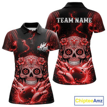Load image into Gallery viewer, Custom Red Sugar Skull Bowling Women Polo Shirt, Halloween Team Bowling Outfit IPHW11145