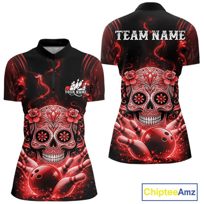 Front and back view of a black and red women’s bowling quarter-zip shirt featuring a floral sugar skull above a bowling ball and bowling pins in Day of the Dead style.