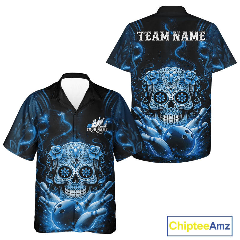 Front and back view of a black and blue button-up bowling shirt featuring floral sugar skull above a bowling ball with bowling pins design.