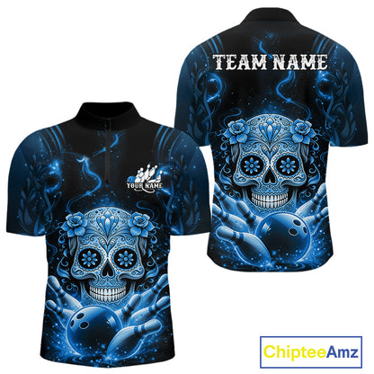Front and back view of a black and blue mens bowling quarter-zip shirt featuring a floral sugar skull, bowling ball, and bowling pins in a Day of the Dead theme.