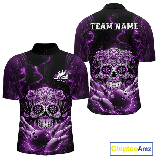 Front and back view of a black and purple mens bowling quarter-zip shirt featuring a floral sugar skull above a bowling ball and bowling pins in Day of the Dead style.