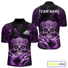 Load image into Gallery viewer, Custom Purple Sugar Skull Bowling Men Quarter-Zip Shirt, Halloween Team Bowling Outfit IPHW11148