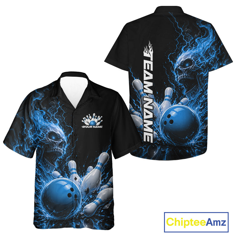 Front and back mockup of a black button up bowling shirt featuring a blue flaming skull, lightning, bowling pins, and a custom name.
