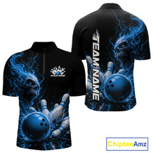 Load image into Gallery viewer, Front and back mockup of a black men's quarter zip bowling shirt featuring a blue flaming skull, lightning, bowling pins, and a custom name.
