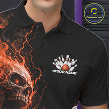 Load image into Gallery viewer, Close up of the left chest on a black bowling polo featuring an orange flaming skull graphic with a custom name.
