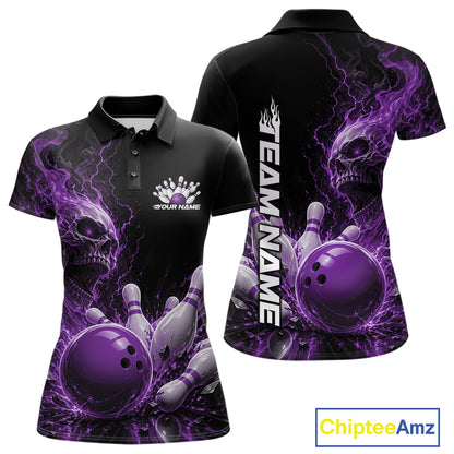 Front and back views of a women's bowling polo shirt mockup featuring a purple fiery skull design with lightning striking a bowling ball and pins and a custom name.
