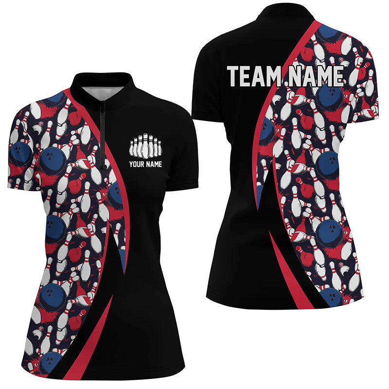 Red, White And Blue Bowling Ball And Pins Pattern Custom Bowling Team Jerseys For Men IPHW6732