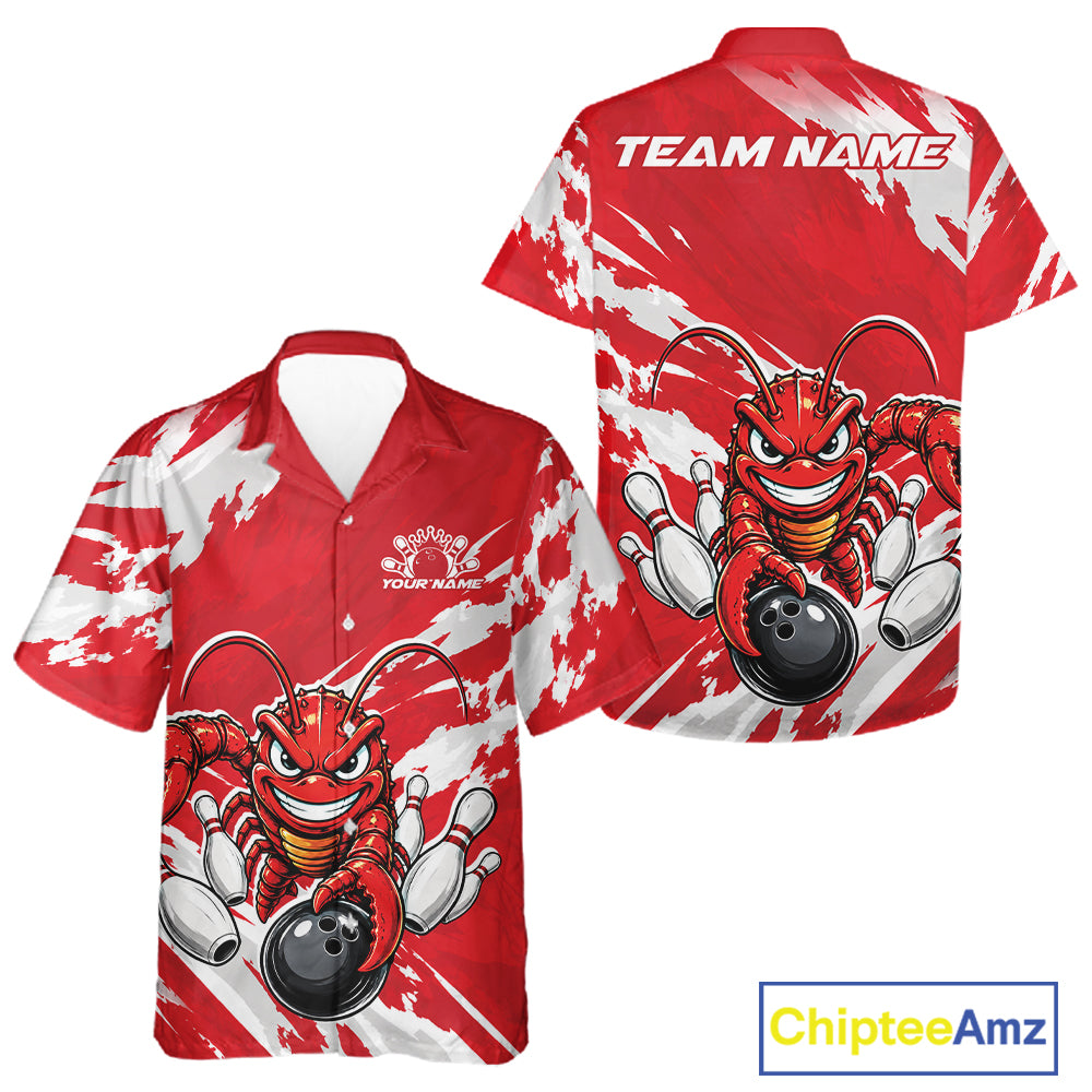 Front and back views of a red custom bowling button up shirt featuring an aggressive funny crawfish playing bowling with a distressed background design.