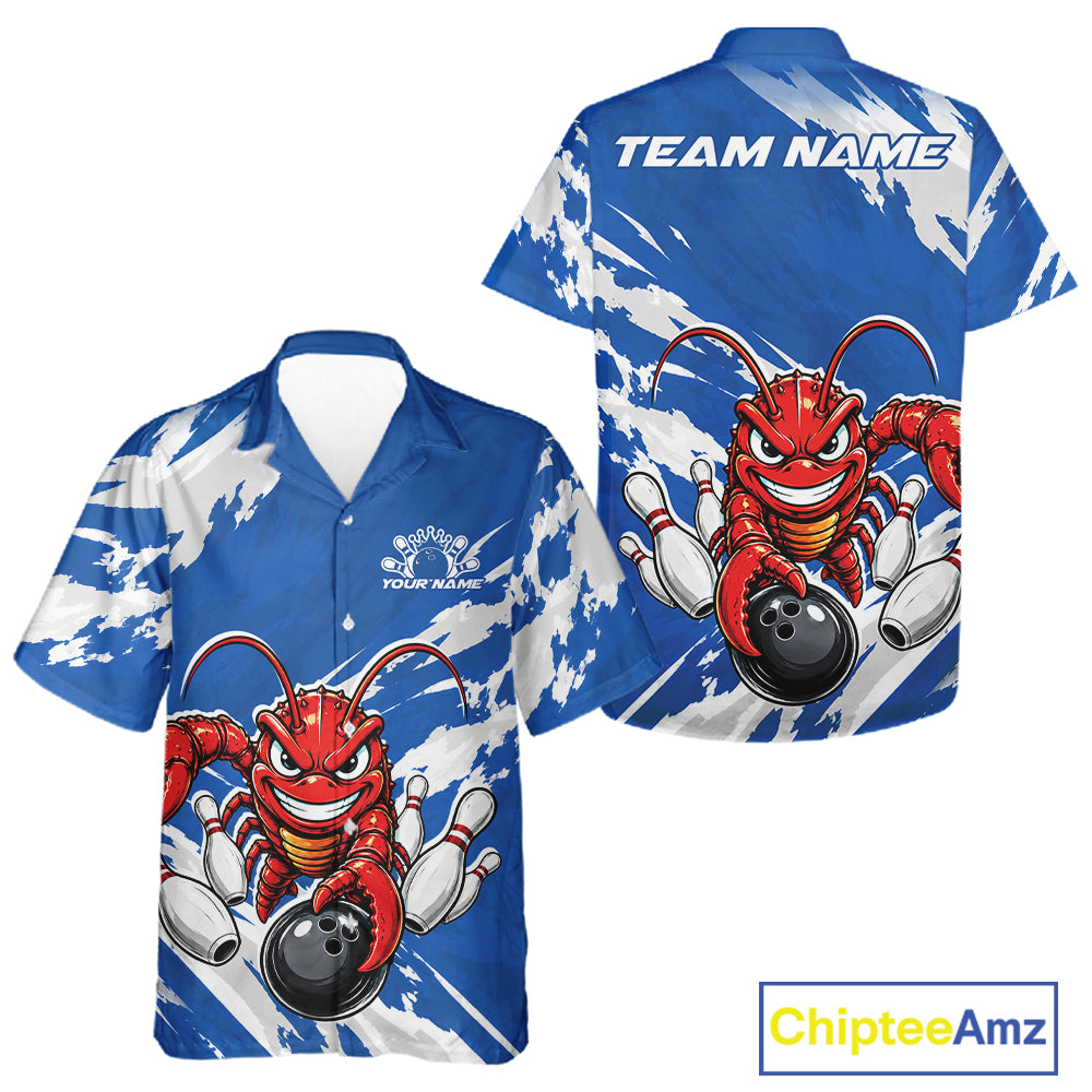 Front and back views of a blue custom bowling button up shirt featuring an aggressive funny crawfish playing bowling with a distressed background design.