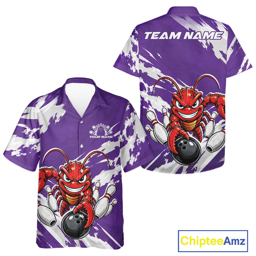 Front and back views of a purple custom bowling button up shirt featuring an aggressive funny crawfish playing bowling with a distressed background design.