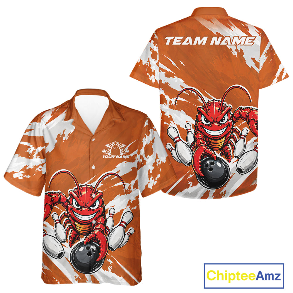 Front and back views of an orange custom bowling button up shirt featuring an aggressive funny crawfish playing bowling with a distressed background design.