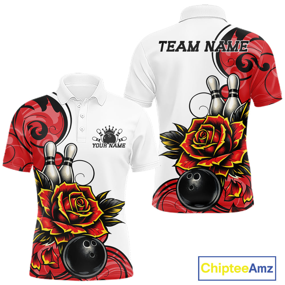 Custom Red Rose Bowling Men Polo Shirt, Floral Bowling Team Shirt IPHW11690