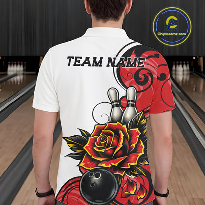 Custom Red Rose Bowling Men Polo Shirt, Floral Bowling Team Shirt IPHW11690