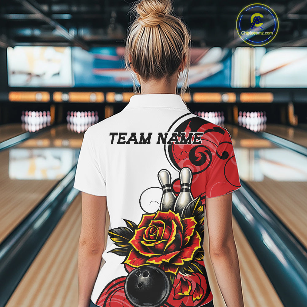 Custom Red Rose Bowling Women Polo Shirt, Floral Bowling Team Shirt IPHW11690