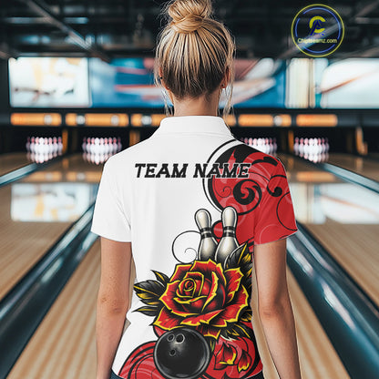 Custom Red Rose Bowling Women Polo Shirt, Floral Bowling Team Shirt IPHW11690