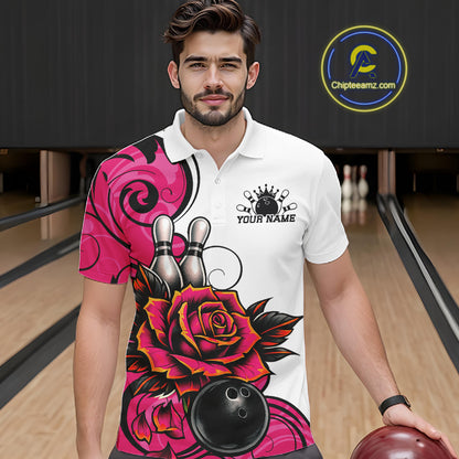 Custom Pink Rose Bowling Men Polo Shirt, Floral Bowling Team Shirt IPHW11691