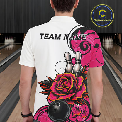 Custom Pink Rose Bowling Men Polo Shirt, Floral Bowling Team Shirt IPHW11691