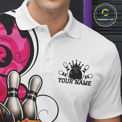 Custom Pink Rose Bowling Men Polo Shirt, Floral Bowling Team Shirt IPHW11691
