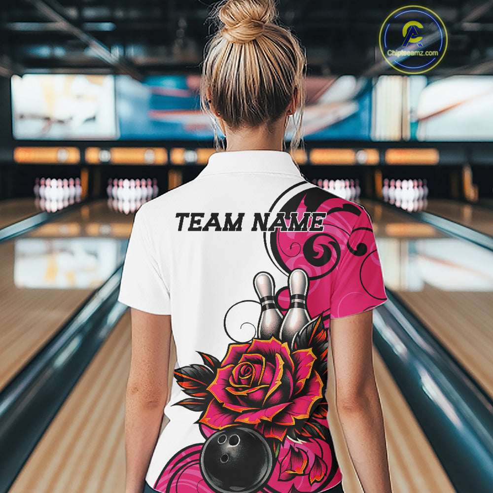 Custom Pink Rose Bowling Women Polo Shirt, Floral Bowling Team Shirt IPHW11691