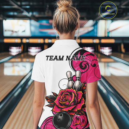 Custom Pink Rose Bowling Women Polo Shirt, Floral Bowling Team Shirt IPHW11691