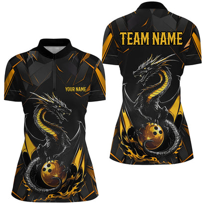 Custom Black And Gold Dragon Bowling Shirts For Women, Dragon Bowling Team Shirts Uniform IPHW7312
