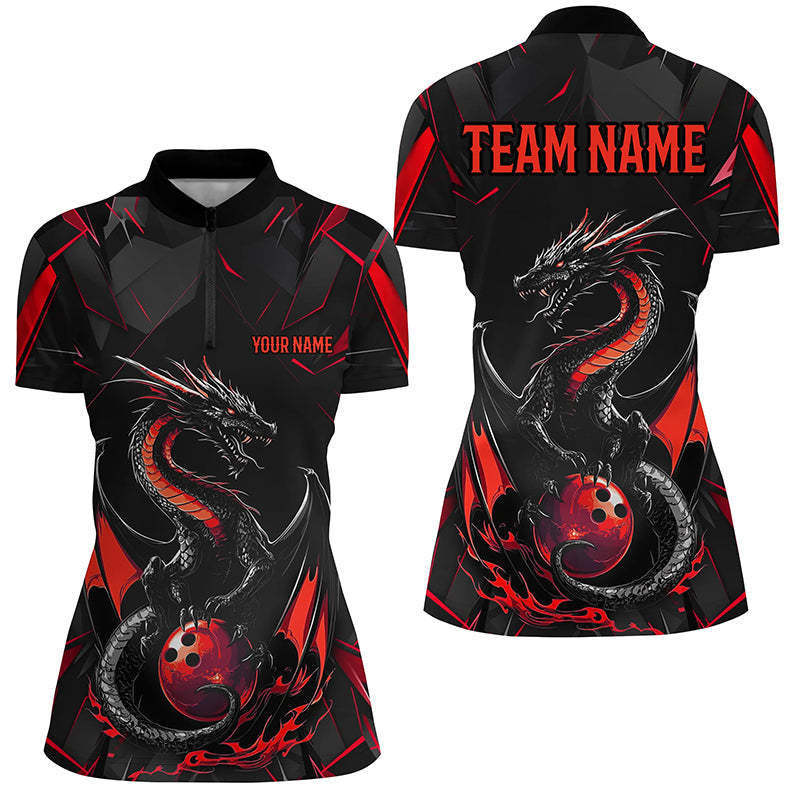 Custom Black And Red Dragon Bowling Shirts For Women, Dragon Bowling Team Shirts Uniform IPHW7313