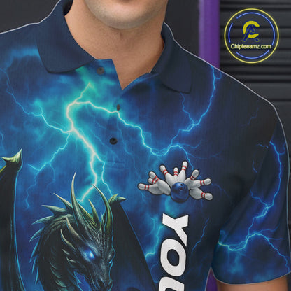 Custom Blue Thunder Lightning Bowling Team Men Polo Shirt, Dragon Bowling Jerseys IPHW10194