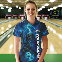 Load image into Gallery viewer, Custom Blue Thunder Lightning Bowling Team Women Polo Shirt, Dragon Bowling Jerseys IPHW10194