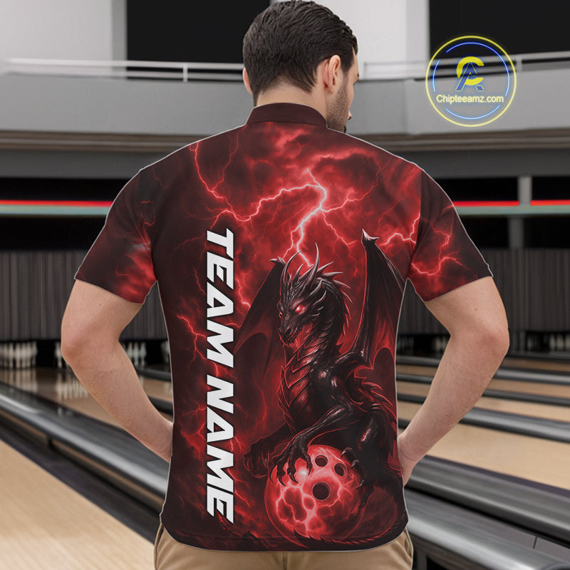 Custom Red Thunder Lightning Bowling Team Men Quarter-Zip Shirt, Dragon Bowling Jerseys IPHW10195