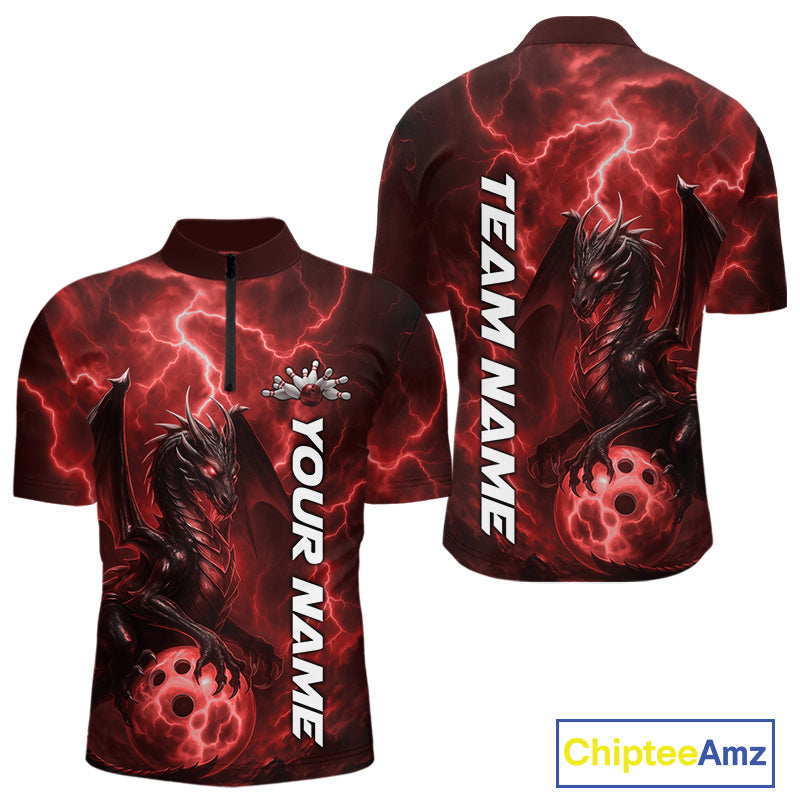 Custom Red Thunder Lightning Bowling Team Men Quarter-Zip Shirt, Dragon Bowling Jerseys IPHW10195