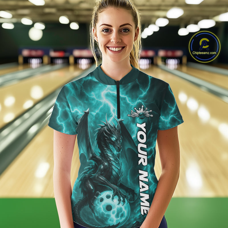 Custom Turquoise Blue Thunder Lightning Bowling Team Women Shirt, Bowling Jerseys IPHW10196