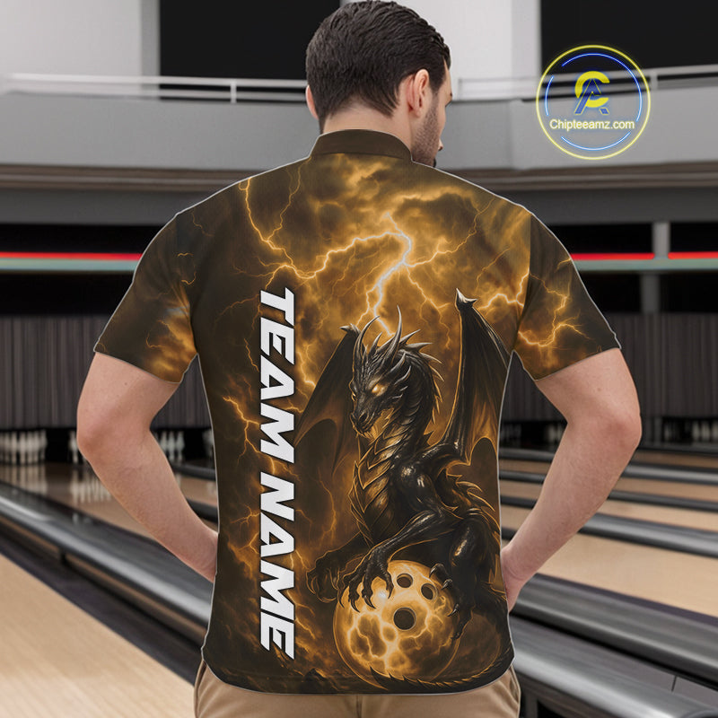 Custom Yellow Thunder Lightning Bowling Team Men Quarter-Zip Shirt, Dragon Bowling Jerseys IPHW10198