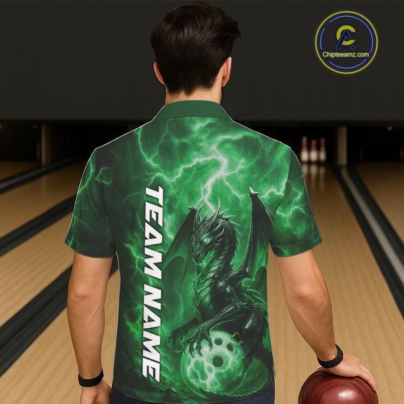 Custom Green Thunder Lightning Bowling Team Men And Women Hawaiian Shirt, Dragon Bowling Jerseys IPHW10199