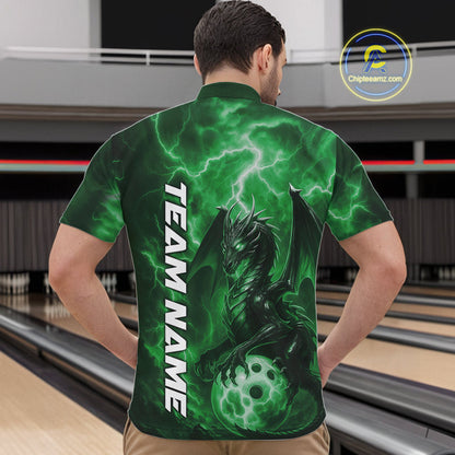 Custom Green Thunder Lightning Bowling Team Men Quarter-Zip Shirt, Dragon Bowling Jerseys IPHW10199