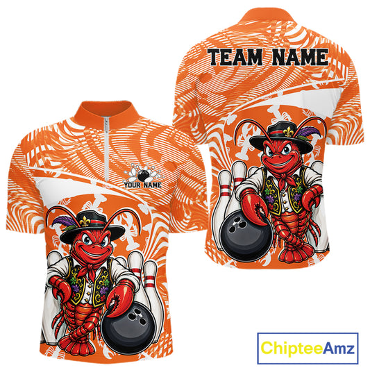 Front and back views of an orange custom quarter-zip bowling shirt featuring a funny Cajun crawfish leaning on a bowling ball with a swamp-inspired texture background.