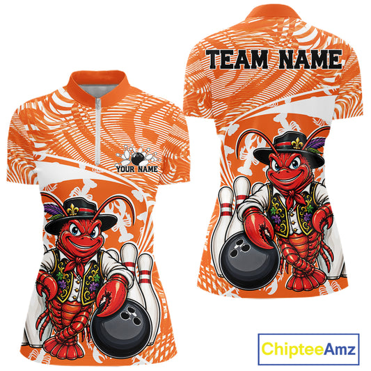 Front and back views of an orange custom women's quarter-zip bowling shirt featuring a funny Cajun crawfish leaning on a bowling ball with a swamp-inspired texture background.