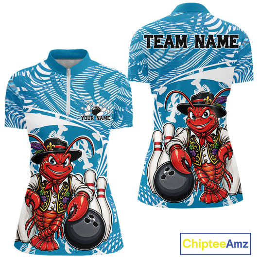Front and back views of a blue custom women's quarter-zip bowling shirt featuring a funny Cajun crawfish leaning on a bowling ball with a swamp-inspired texture background.