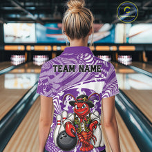 Load image into Gallery viewer, Back view of a female model in a bowling alley wearing a purple custom bowling polo shirt with a funny Cajun crawfish leaning on a bowling ball and a swamp-inspired texture background.