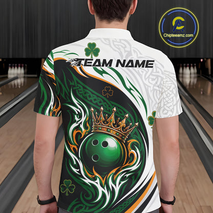 Custom White And Green Irish Tribal Pattern Bowling Ball With Crown Men Polo Team Shirt IPHW11696