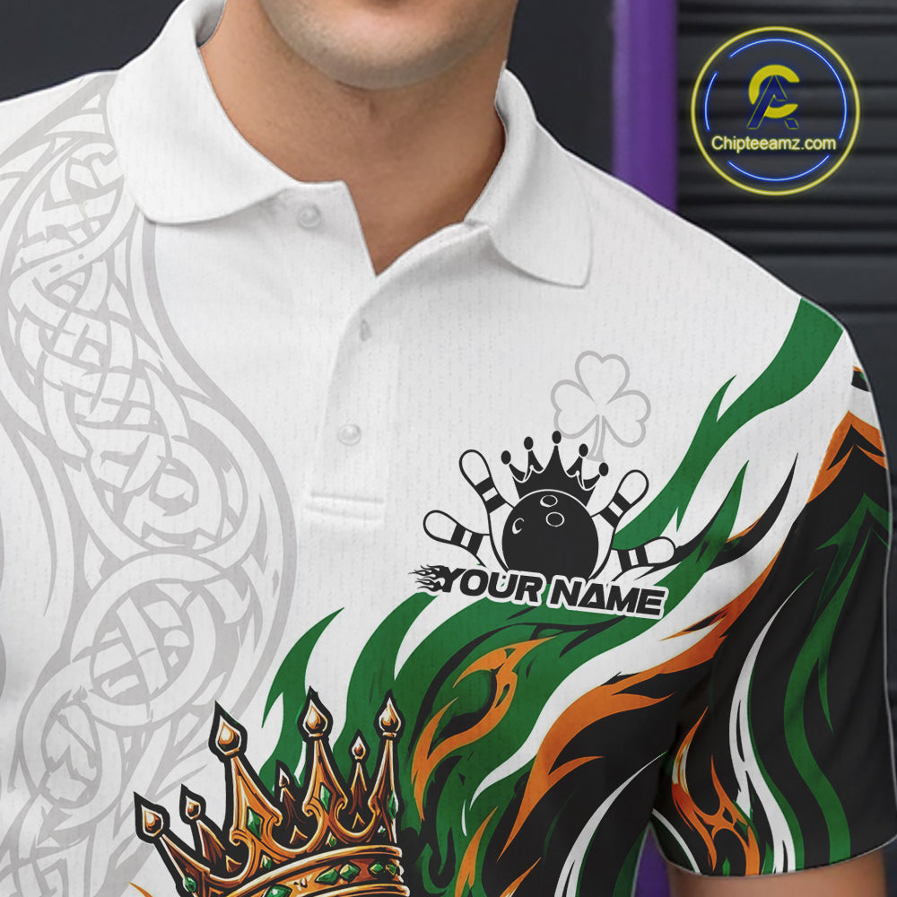Custom White And Green Irish Tribal Pattern Bowling Ball With Crown Men Polo Team Shirt IPHW11696
