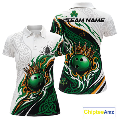 Custom White And Green Irish Tribal Pattern Bowling Ball With Crown Women Polo Team Shirt IPHW11696