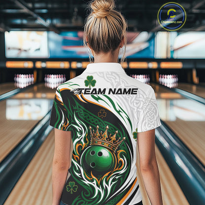 Custom White And Green Irish Tribal Pattern Bowling Ball With Crown Women Polo Team Shirt IPHW11696