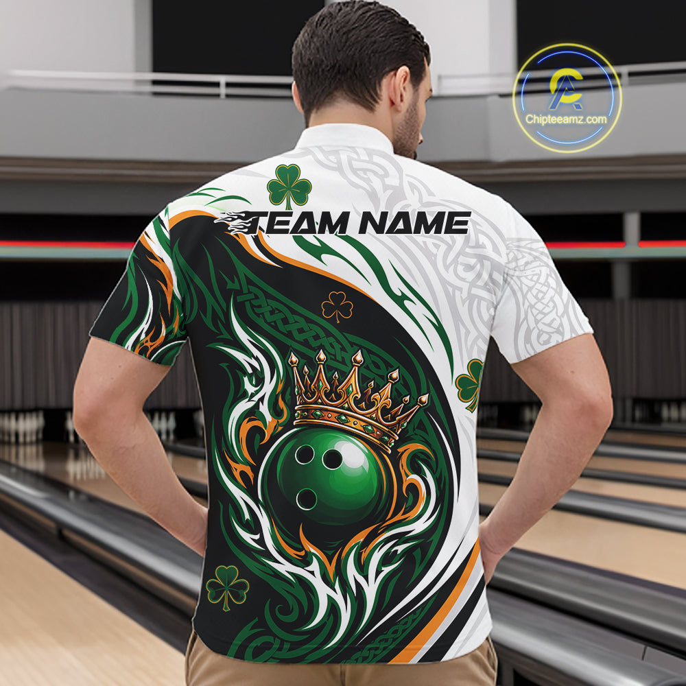 Custom White And Green Irish Tribal Pattern Bowling Ball With Crown Men Quarter Zip Team Shirt IPHW11696
