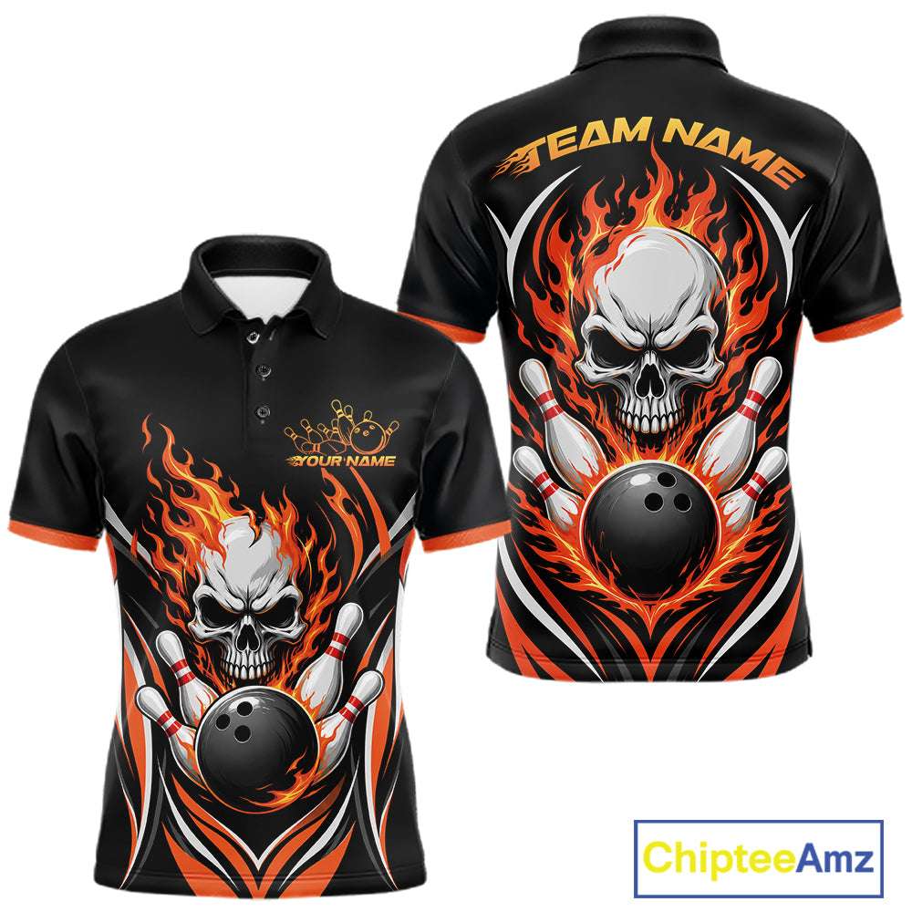 Custom Orange Flame Skull Bowling Men Polo Shirt, Halloween Bowling Jersey IPHW11698