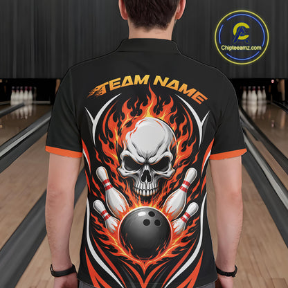 Custom Orange Flame Skull Bowling Men Polo Shirt, Halloween Bowling Jersey IPHW11698